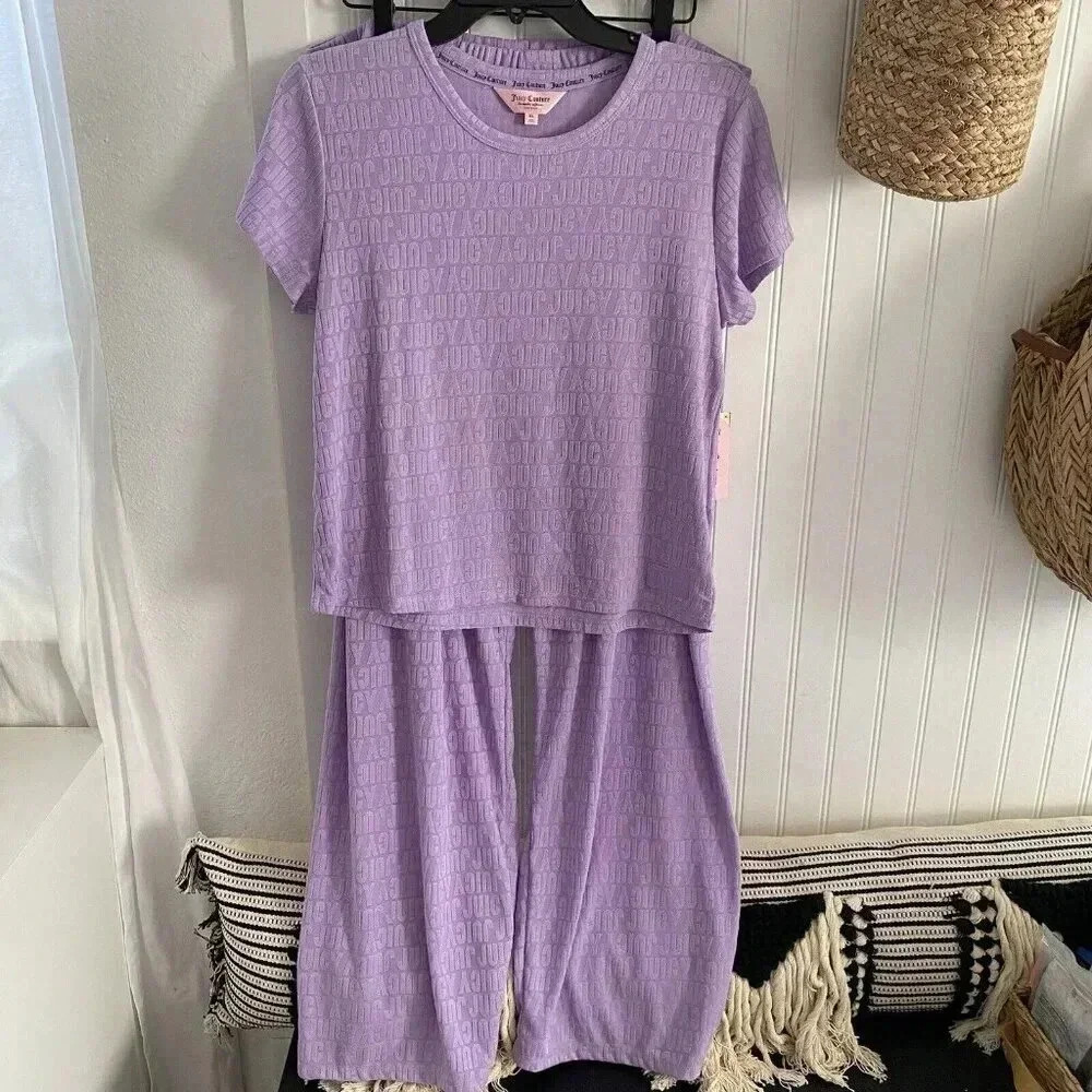 Juicy Couture LA Sleepwear Purple Block Embossed Top & Pants Pajamas Women’s XL